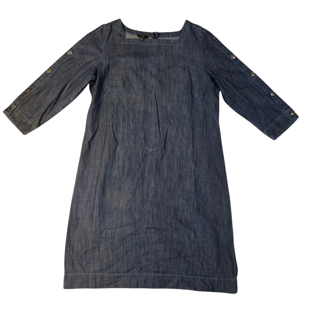 Talbots‎ Womens 10P Shift Dress Blue Denim Chambray Long Sleeve Square Neck